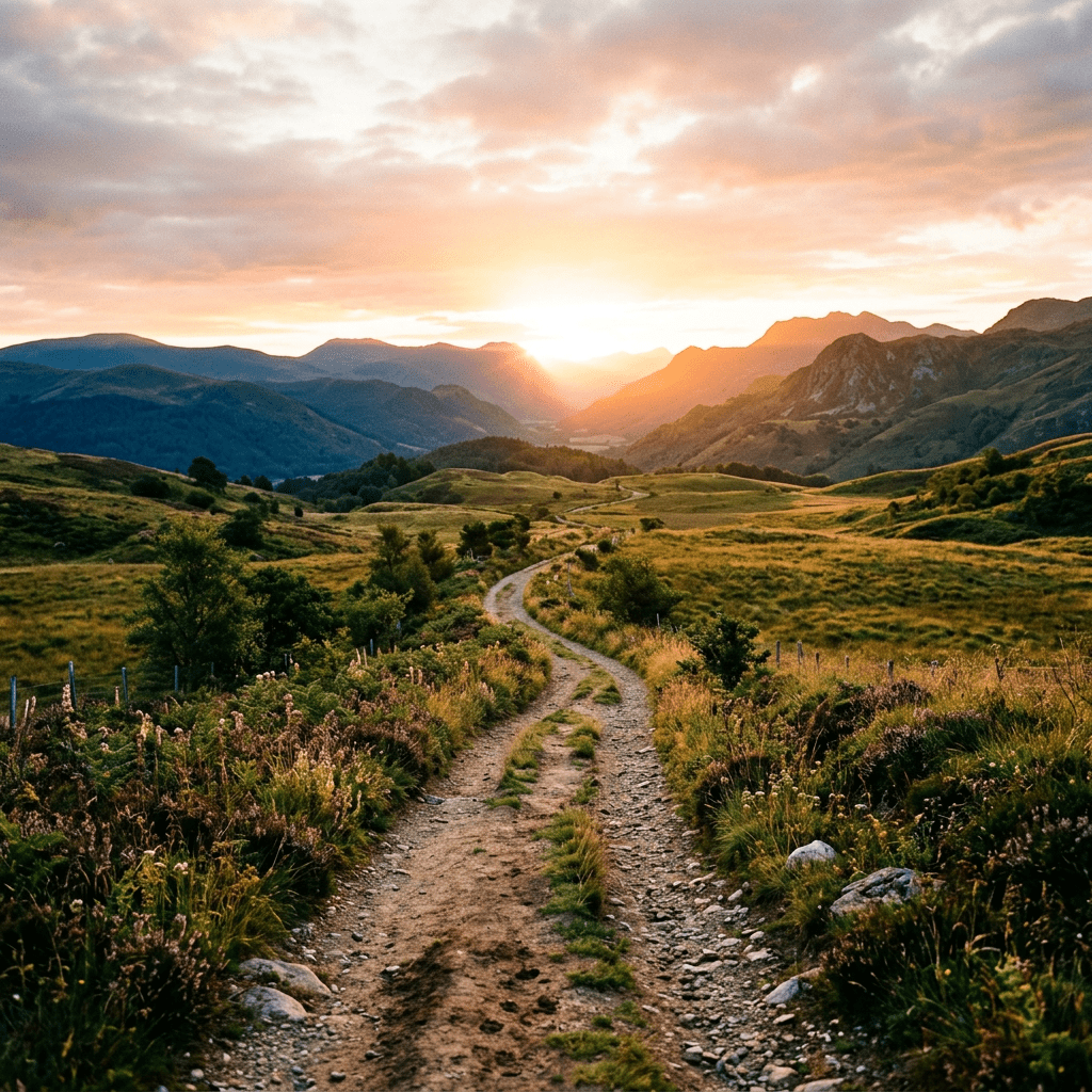 A winding dirt trail through green hills with mountains and sunset in the background
